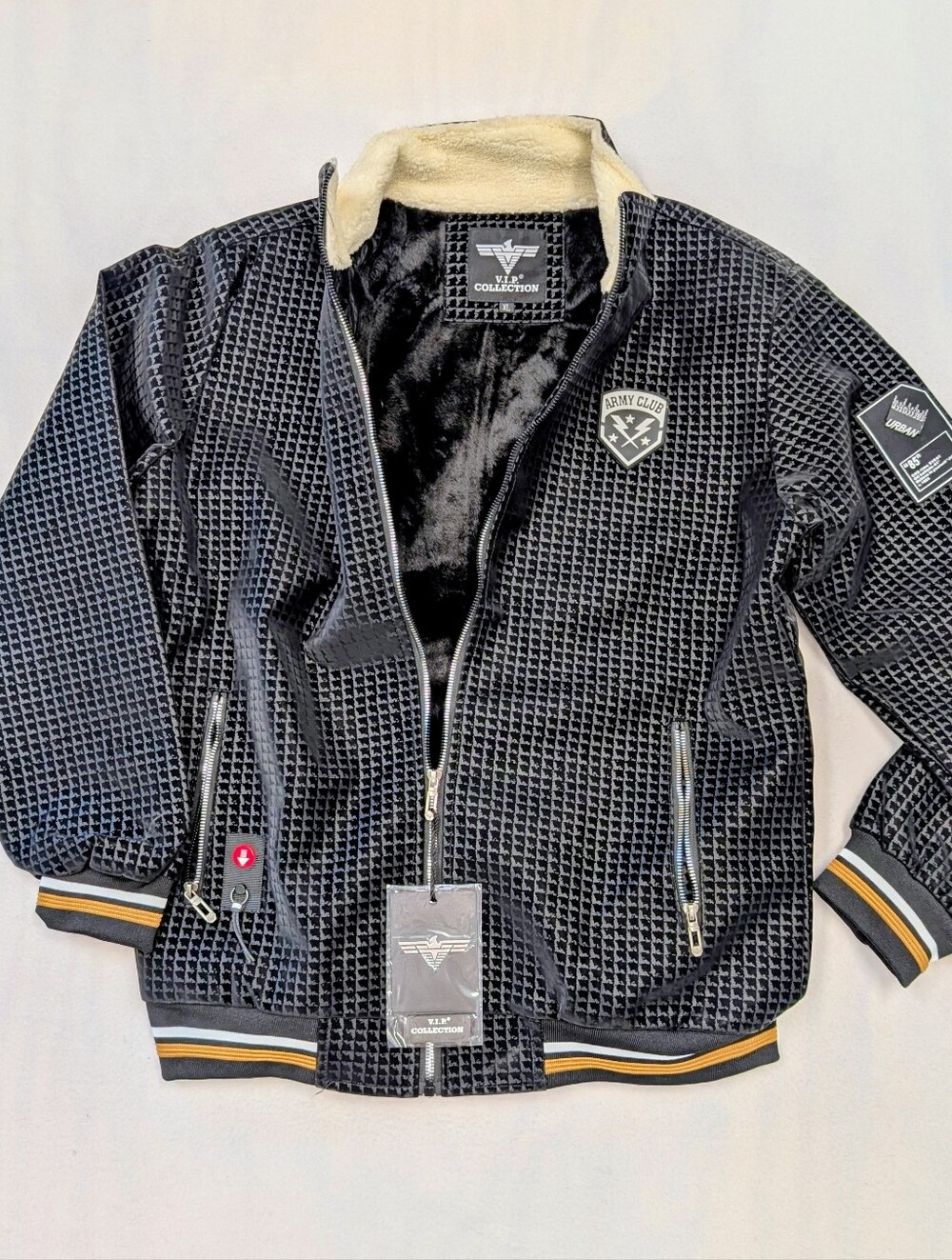 VIP Collection Mens Black Velvet Sherpa Lined Zip Jacket Army Club XL NWT